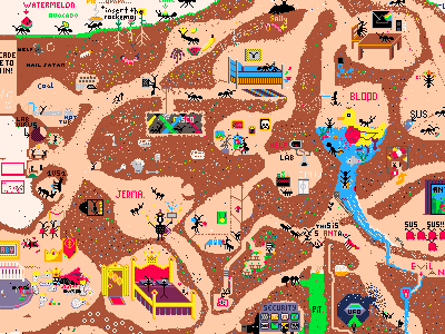 Pixel art cross-section of an ant colony with tunnels and furnished rooms