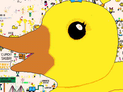 Close-up of a huge yellow pixel art rubber duck with small drawings around it