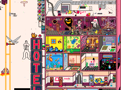 Pixel art hotel tower with a neon sign and a differently decorated room on each floor