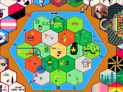 Grid of pixel art hexagons, each with a different small drawing, around a board game map