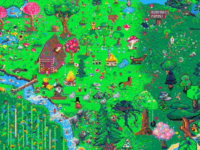 Pixel art forest with a log cabin, a campfire, a river and many small trees