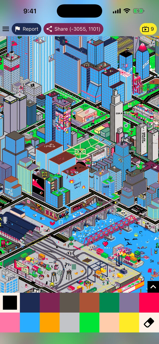 Everyone Draw app showing a pixel-art city built by the community