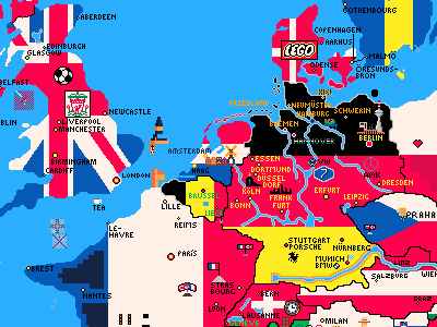 Pixel art map of northern Europe with each country filled in with its flag